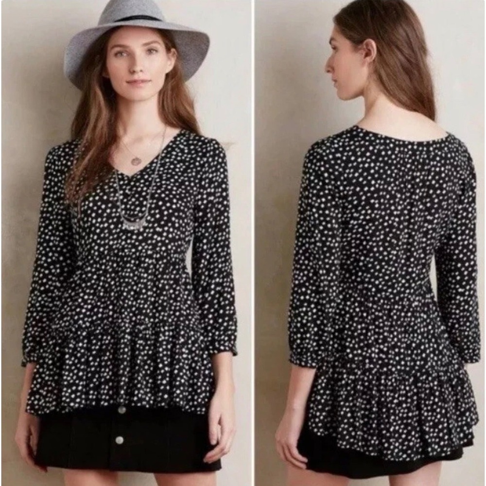 Maeve Anthropologie Black White Diamond Print Tiered Peplum‎ Blouse Small V-Neck